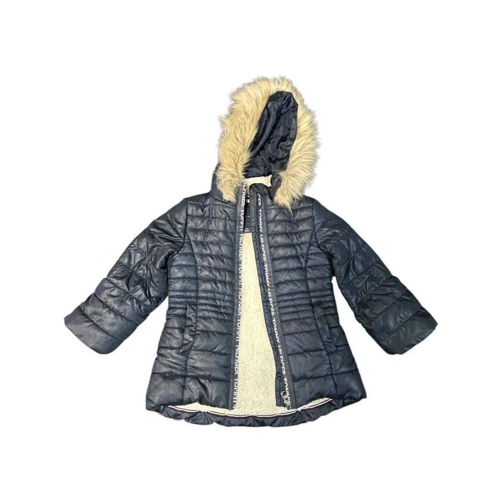 Tommy Hilfiger Girls Navy Blue Puffer Jacket Sherpa Lined Faux Fur Hood Size 3T